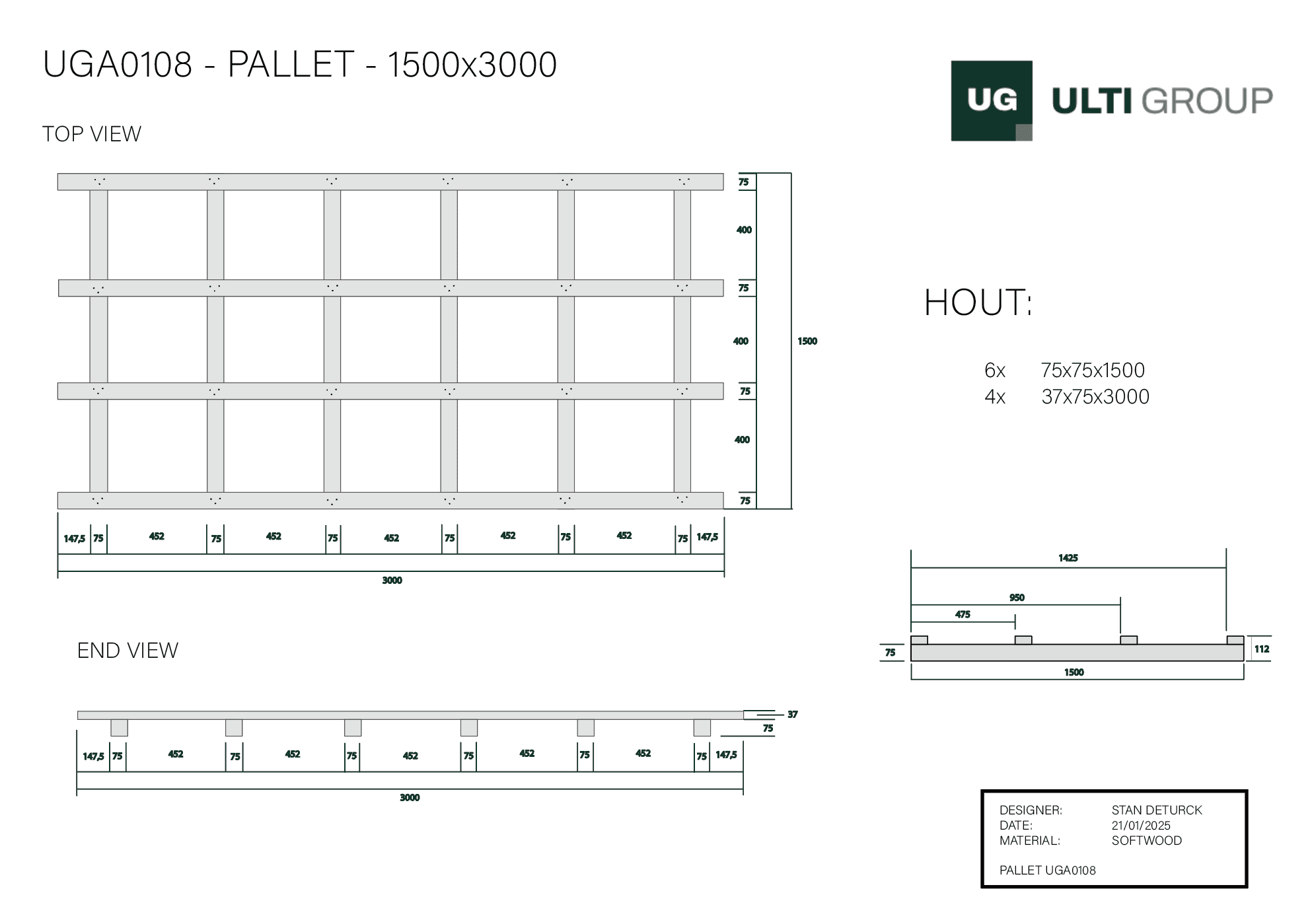 Technische tekening pallet op maat — ULTI GROUP